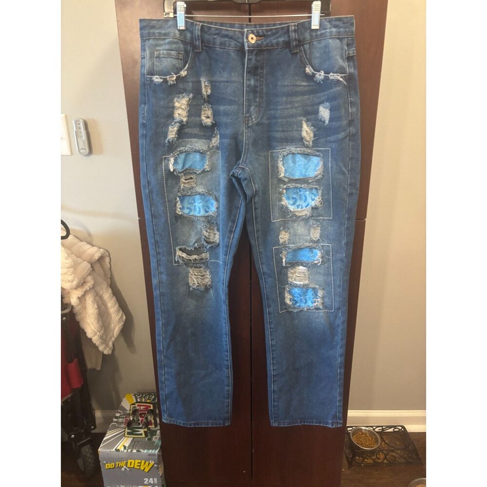 Distressed Jeans Blue Patchwork Denim Straight Leg - image 3